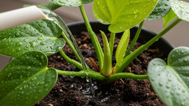 Watering a healthy philodendron with droplets on leaves