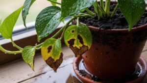 Overwatered pothos plant with yellowing leaves in pot
