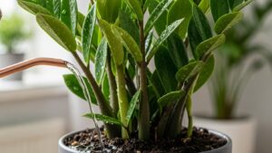Watering a ZZ plant with a watering can indoors, healthy green leaves