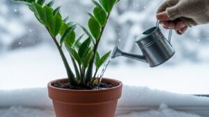 Person watering ZZ plant indoors during winter with metal watering can