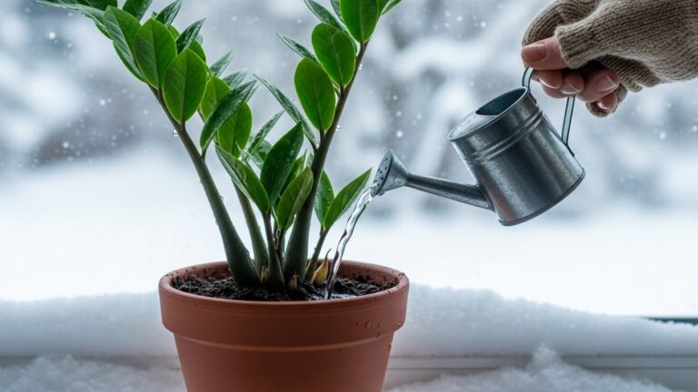 Person watering ZZ plant indoors during winter with metal watering can