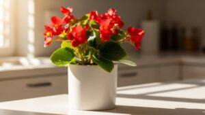 Vibrant wax begonias in a white pot, showcasing low-maintenance blooms.