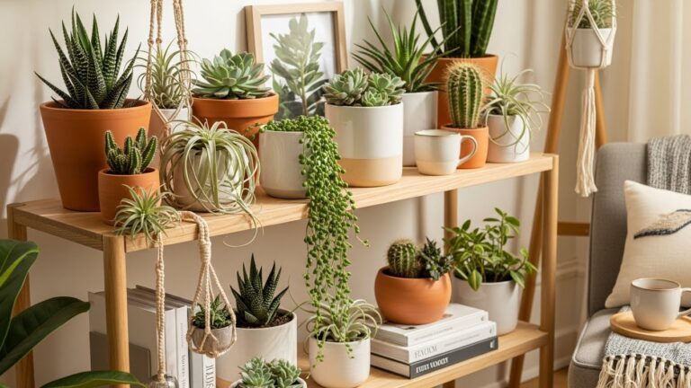 Indoor plant shelf with various potted succulents and cacti for weekend watering care.