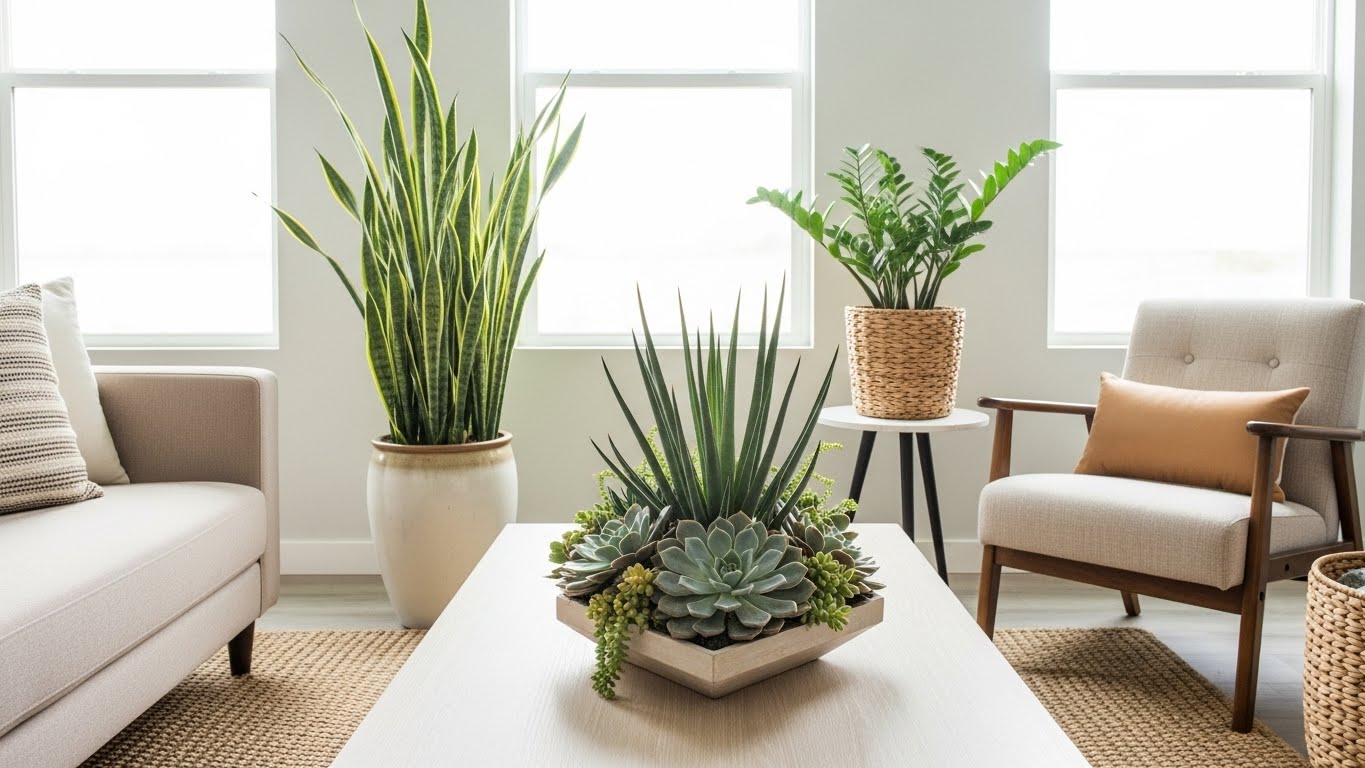 Indoor succulents and snake plant in a bright living room setting