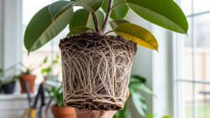 Root-bound plant being held, showing roots outgrowing its pot.