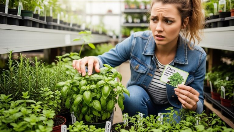 Woman choosing a basil plant in a garden center