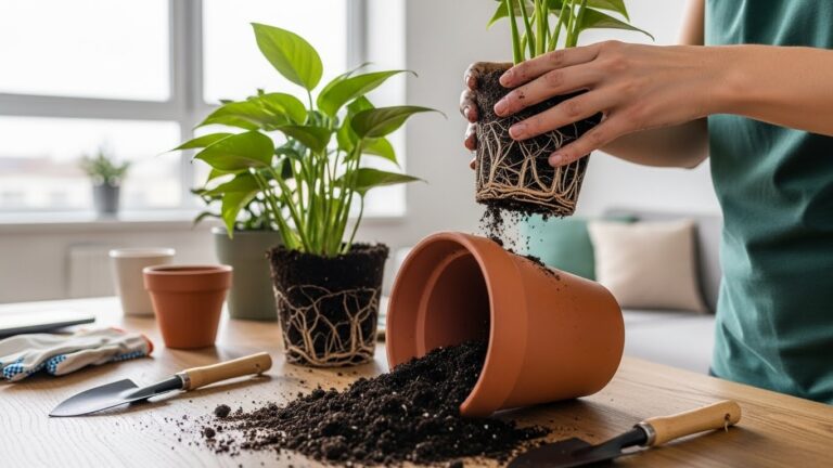 Repotting indoor plants with fresh soil for optimal growth
