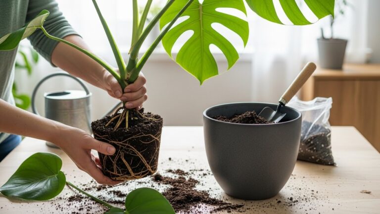 Repotting a Monstera plant with exposed roots into a new pot