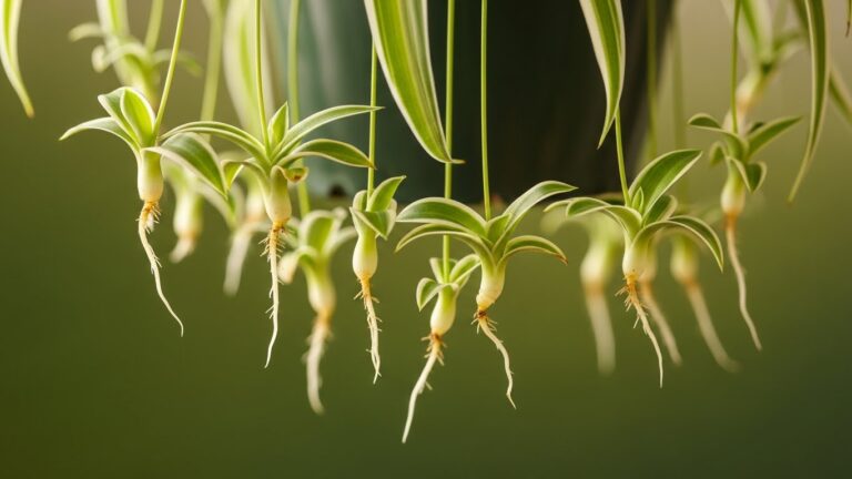 Healthy spider plant babies with roots hanging down, perfect for propagation.
