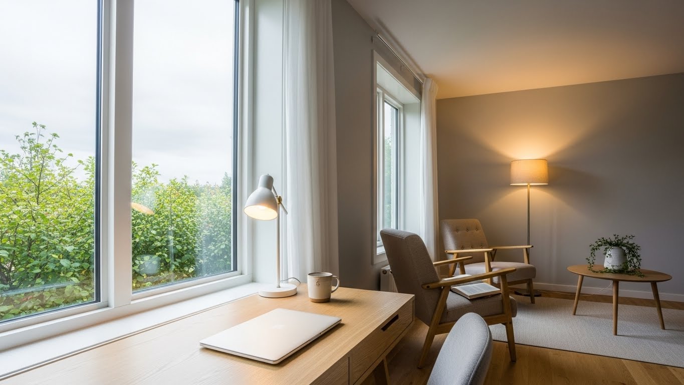 Cozy room with windows, desk, and small indoor plant on table