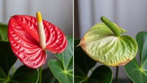 Comparison of vibrant red and faded green anthurium flowers highlighting plant health