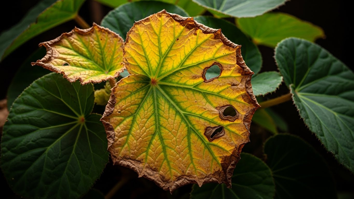 Close-up of yellowing and curling begonia leaves with holes indicating plant stress.