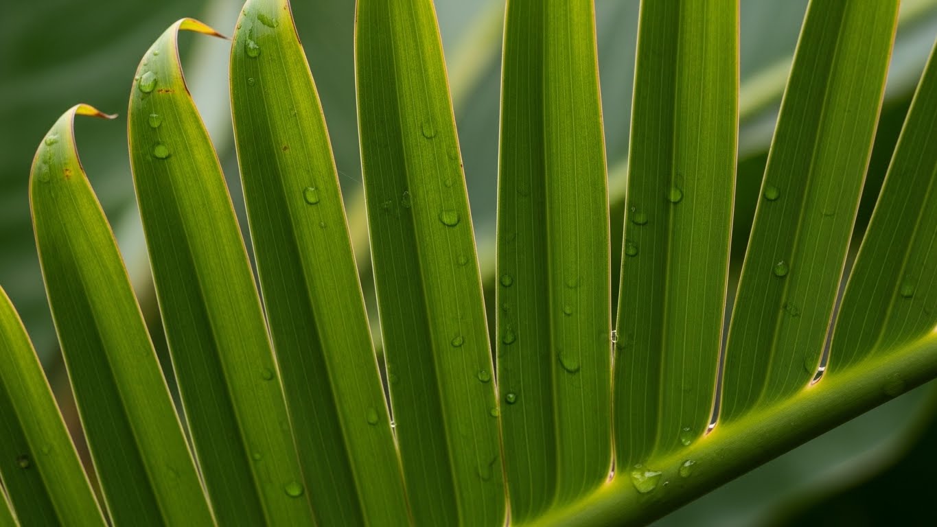 Close-up of split Bird of Paradise leaves with water droplets