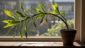 Leaning Dracaena plant in a pot by the window, showcasing its vibrant green leaves.