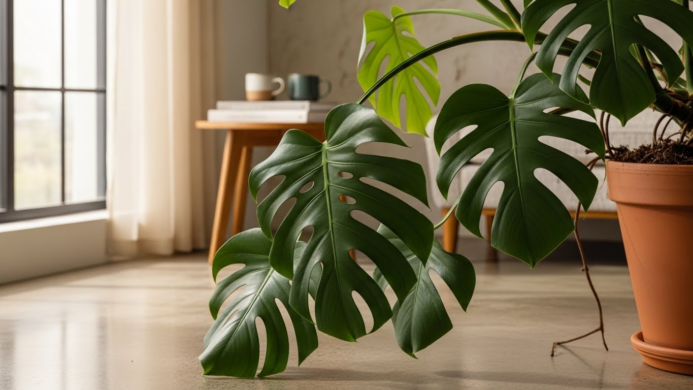 Drooping Monstera plant in terracotta pot with split leaves