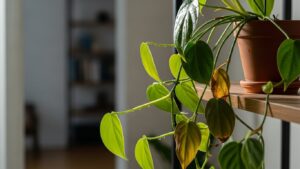 Drooping philodendron in brown pot on a wooden shelf indoors