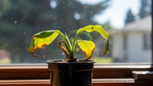Dying plant in a pot on a windowsill with brown leaf tips