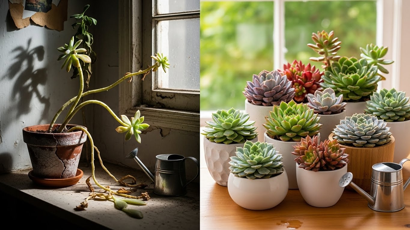 Succulents indoors showing healthy and unhealthy growth in different lighting