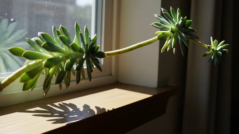 Stretching succulent plant with leaves reaching towards sunlight, indicating etiolation.