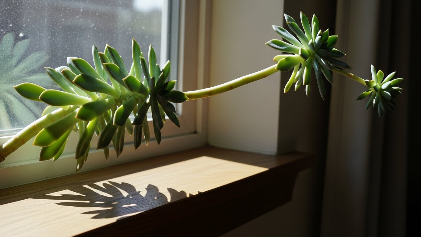 Stretching succulent plant with leaves reaching towards sunlight, indicating etiolation.