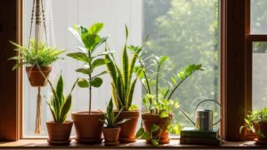 Sunlit window with indoor plants in terracotta pots and a hanging basket