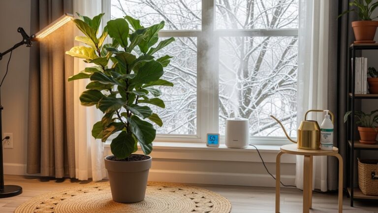 Fiddle leaf fig near window with grow light and humidifier for winter care