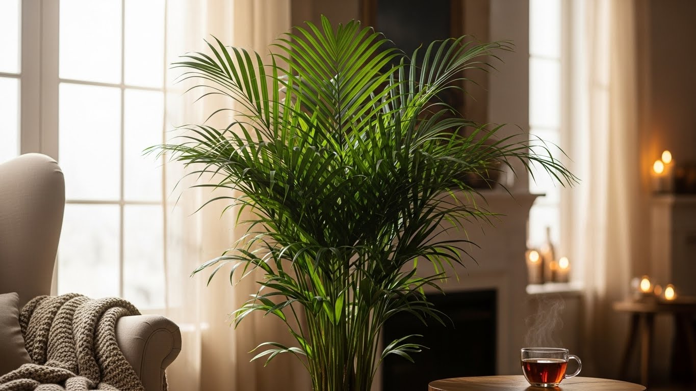 Lush Kentia Palm in a cozy U.S. home during winter with warm lighting
