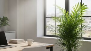 Parlor palm in sunlit office, part of winter care tips setup
