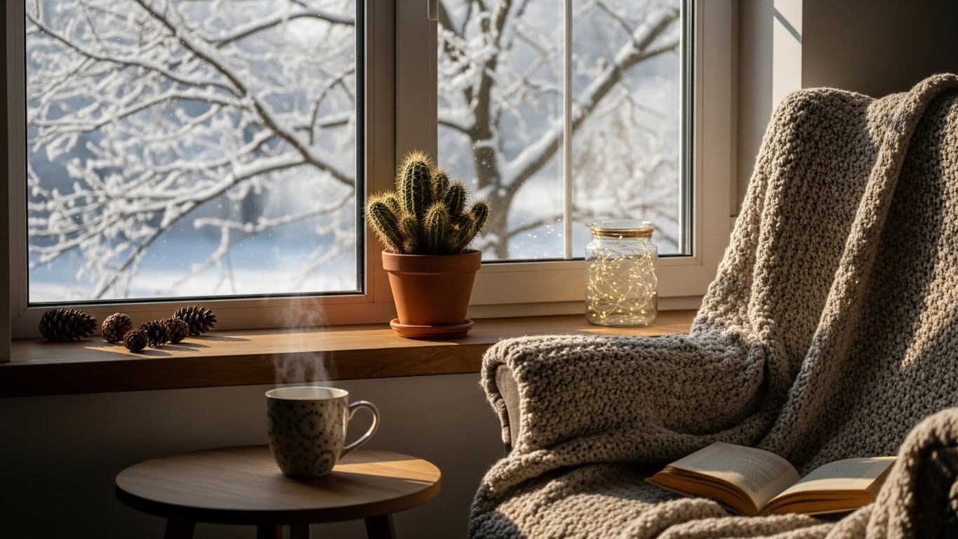 Indoor mini cactus by a snowy window with cozy decor for winter care tips.