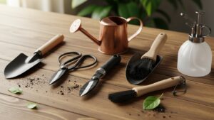 Gardening tools for winterizing indoor plants on a wooden table.
