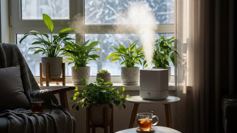 Indoor plants near a humidifier in a winter setting, ideal for winterizing plants.