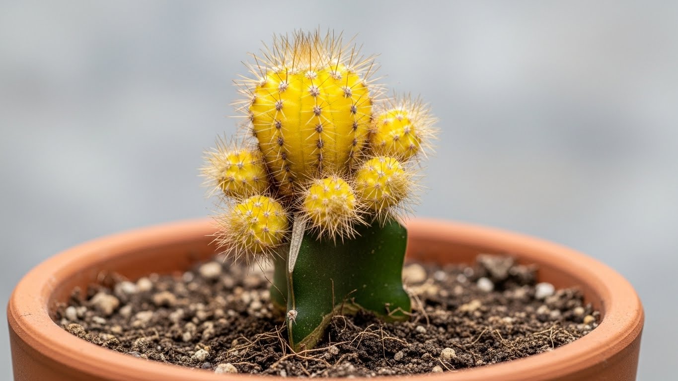 Yellow mini cactus turning soft in a terracotta pot, indicating potential issues.