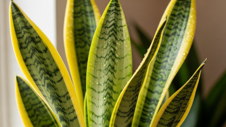 Close-up of snake plant leaves with yellow edges and moisture droplets