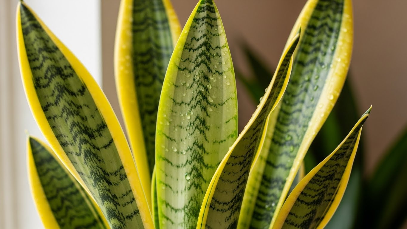 Close-up of snake plant leaves with yellow edges and moisture droplets