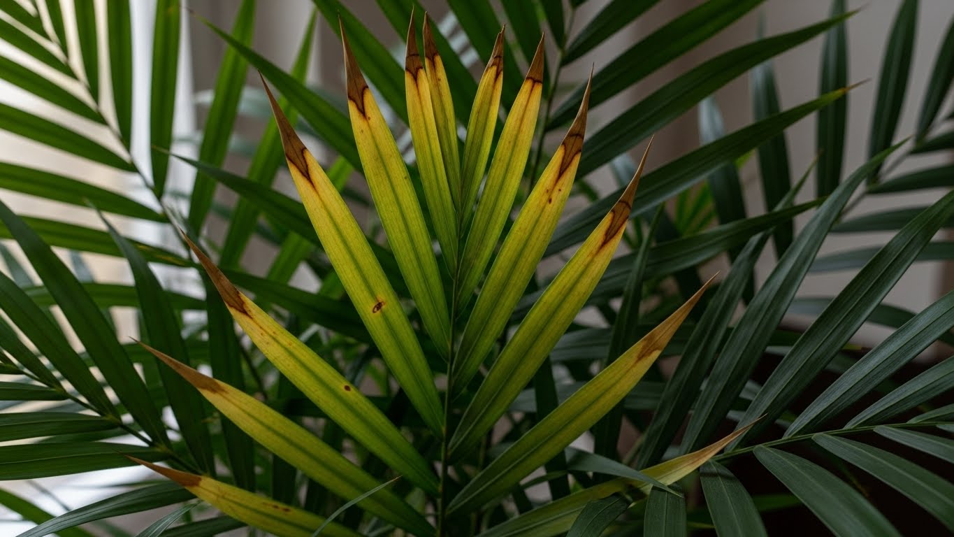 Kentia palm with yellowing leaves and brown tips, indoor plant care