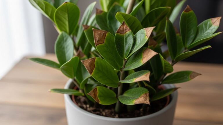 ZZ Plant with brown tips in a pot indicating care issues