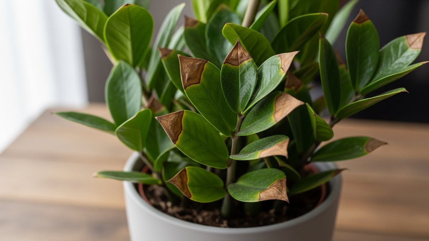 ZZ Plant with brown tips in a pot indicating care issues