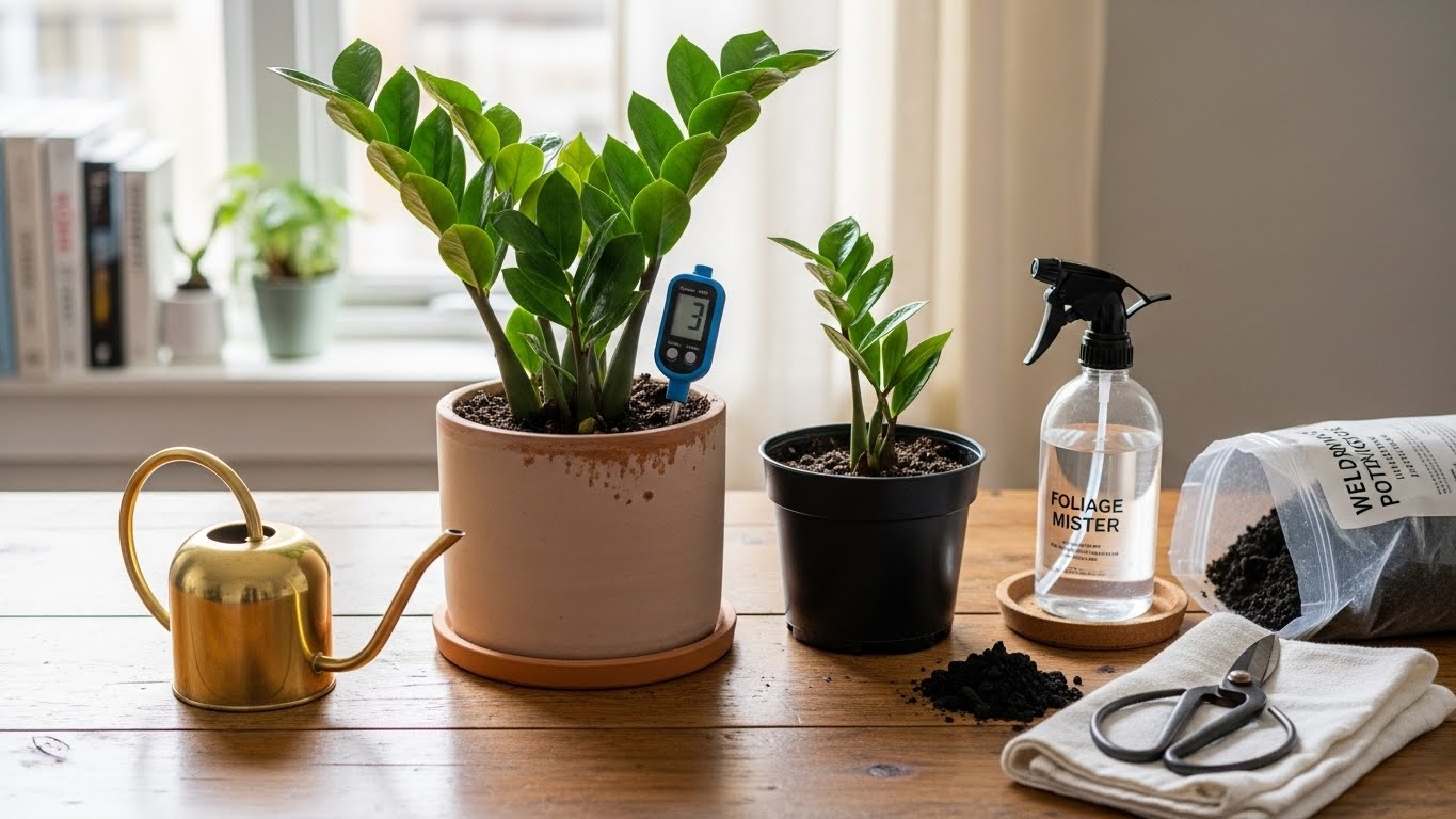 ZZ plant care with watering can, soil, and light meter