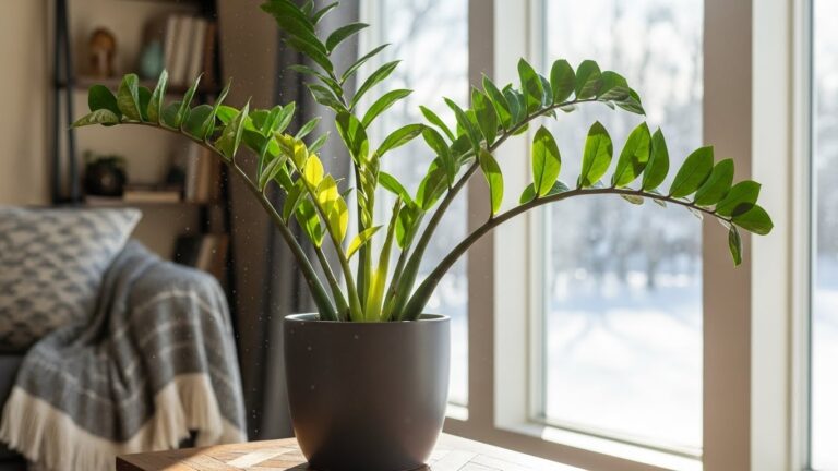 ZZ plant in a pot near a window with winter scene outside