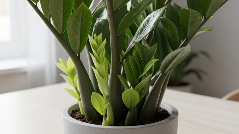 Close-up of ZZ plant in white pot on wooden table