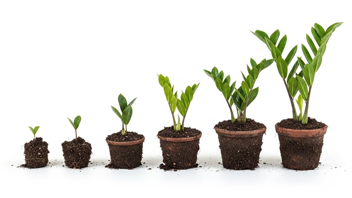 ZZ plant growth stages from small seedlings to mature plants in pots