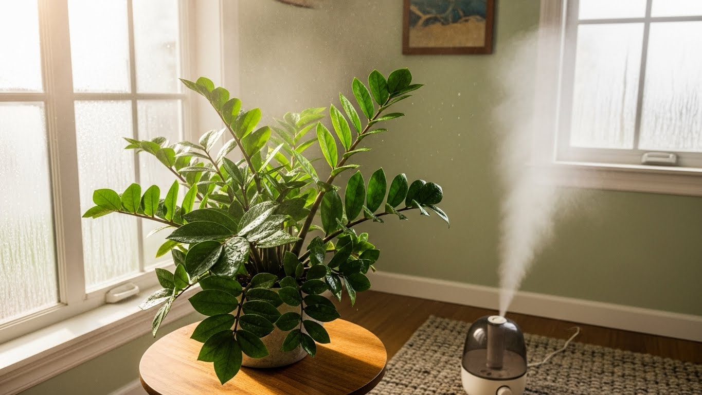 ZZ plant with humidifier in sunlit room for optimal humidity care
