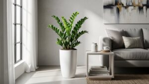 ZZ plant in white pot enhancing indoor air quality in modern living room