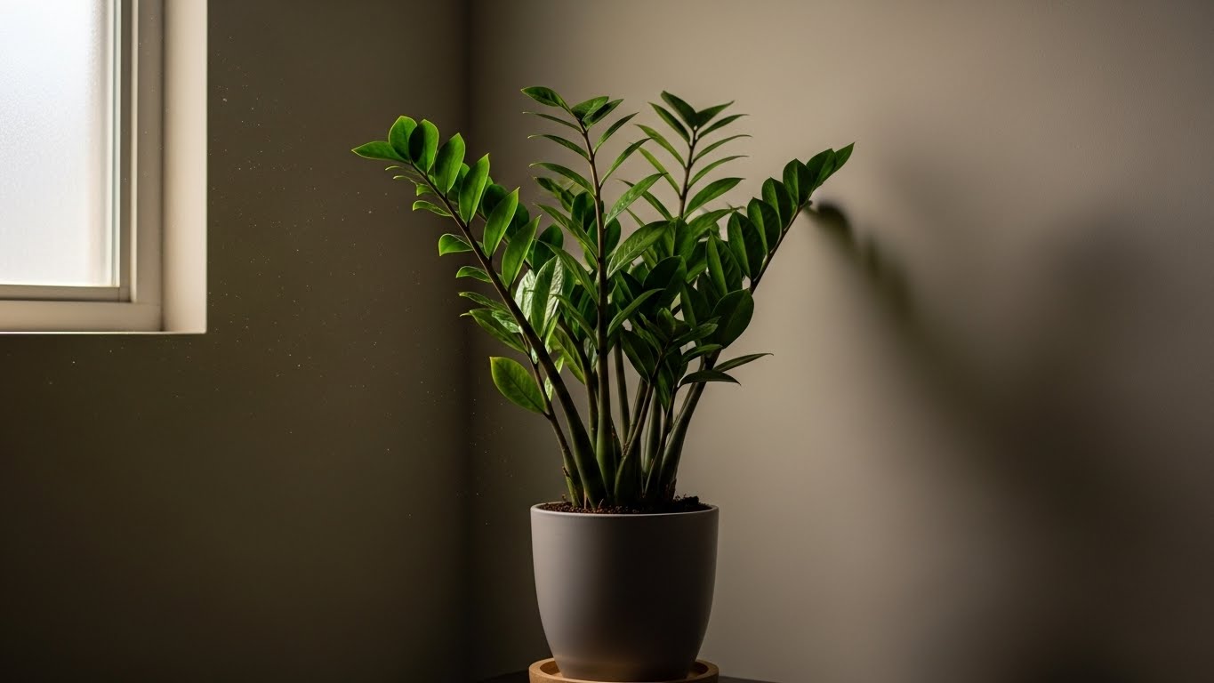 ZZ plant thriving in low light conditions by a window