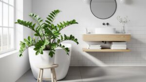 ZZ plant in a modern bathroom with tiled walls and bright lighting.
