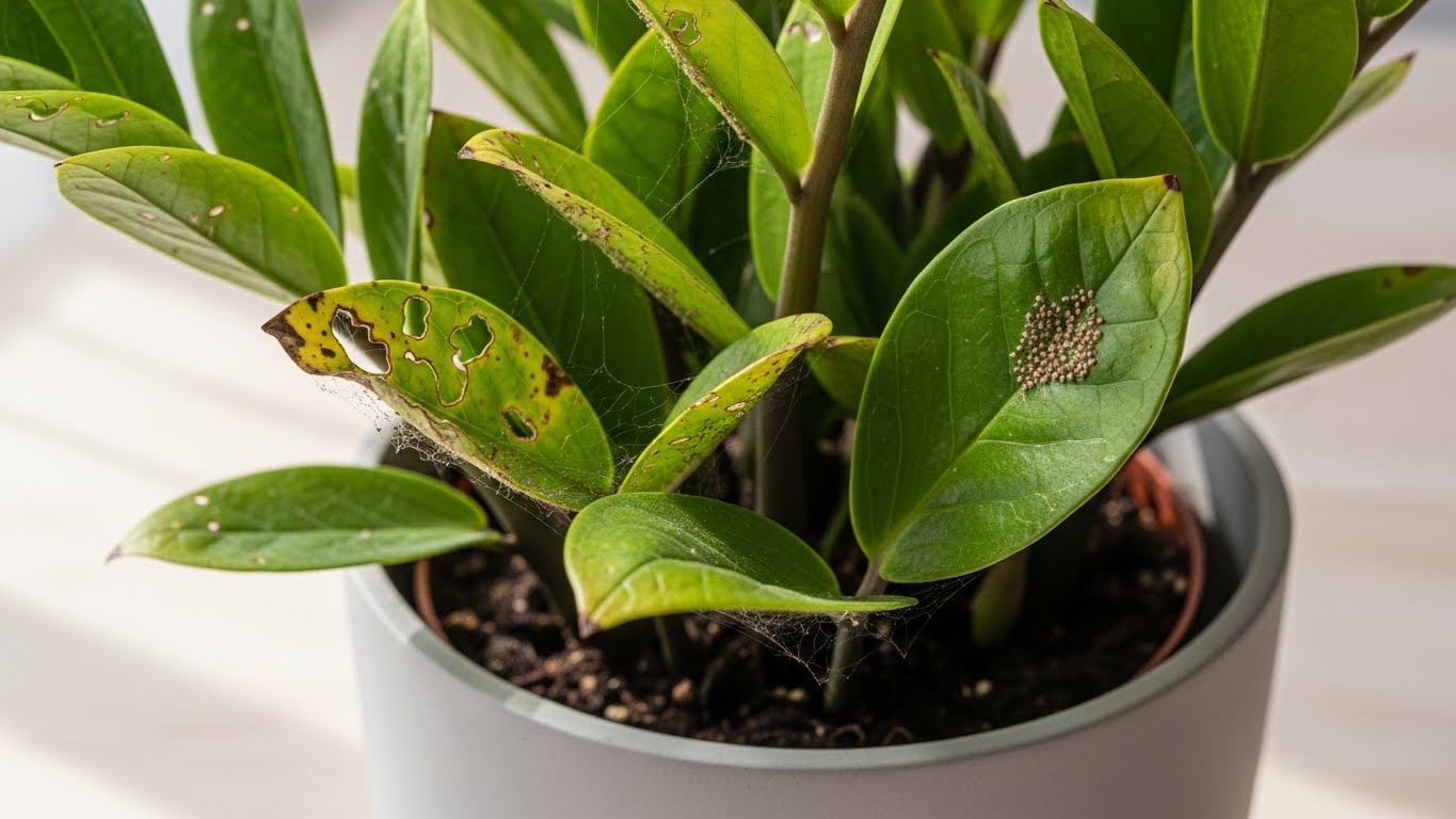 ZZ plant leaves with visible pest damage and webbing