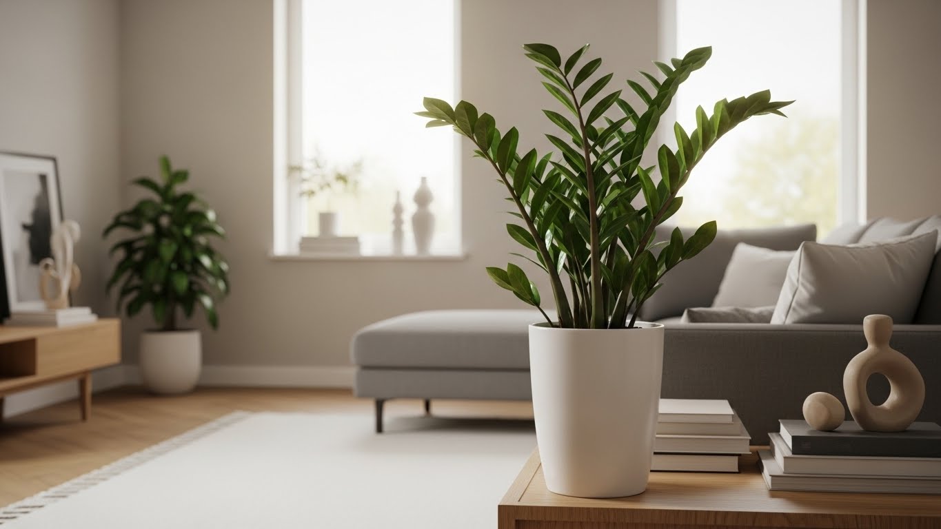 Modern interior with ZZ plant in white pot, stylish decor