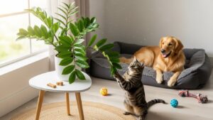 ZZ plant on table with cat and dog nearby, highlighting pet safety