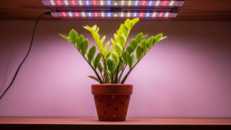ZZ plant thriving under LED grow light indoors