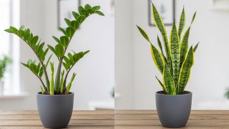 ZZ plant and Snake plant side by side in gray pots on wooden table
